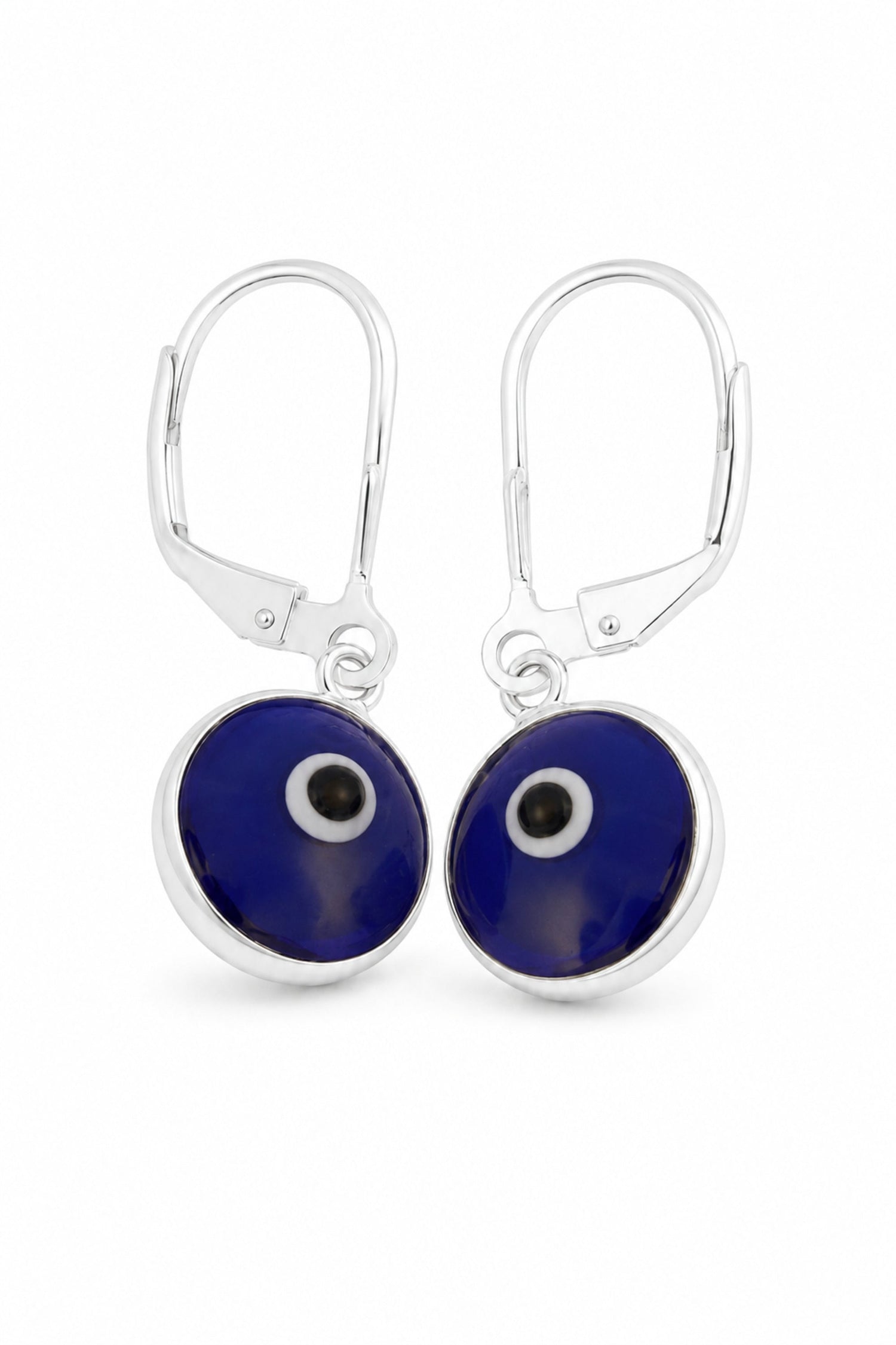 Sterling silver 9mm navy-blue evil eye safety-hook earrings on a pure white background