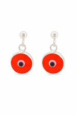 Orange evil eye sterling silver ball stud earrings on a white background