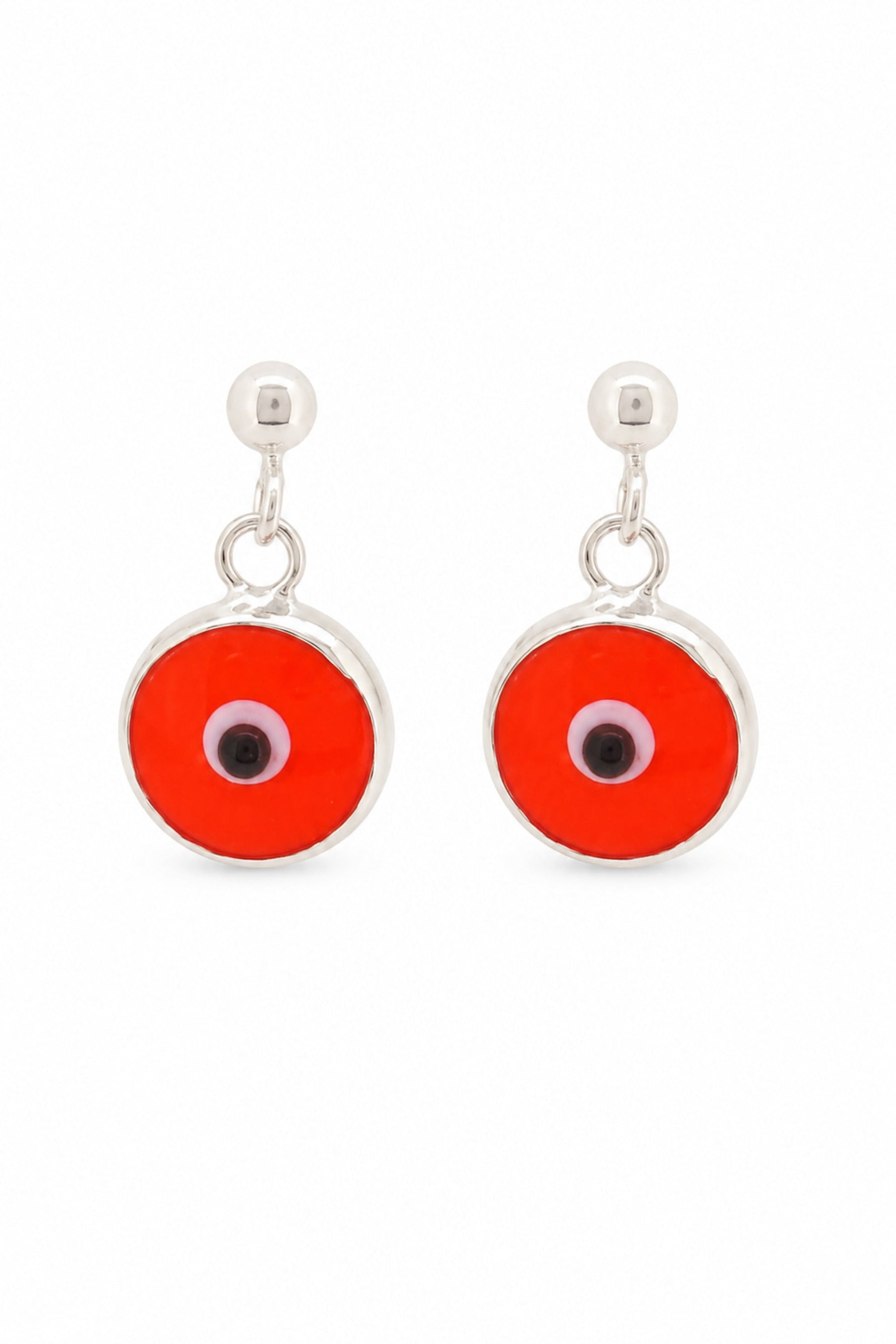 Orange evil eye sterling silver ball stud earrings on a white background