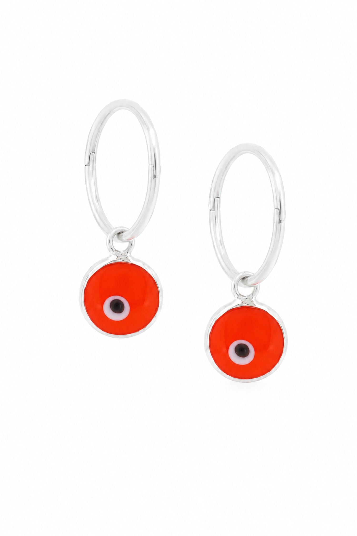 Orange evil eye sterling silver charm sleeper earrings on a white background