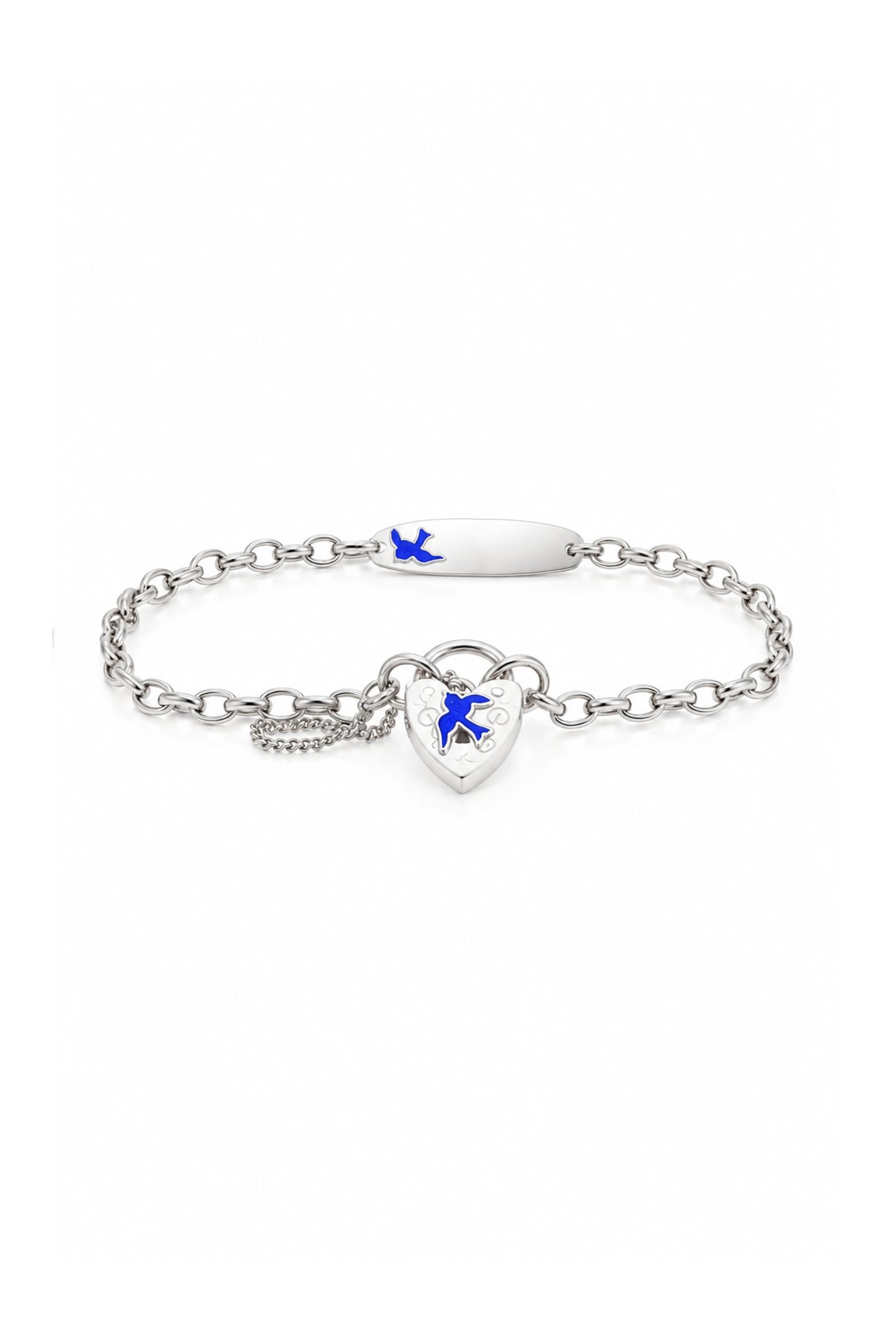 Sterling Silver Bluebird of Happiness Identity Charm Belcher Padlock Bracelet