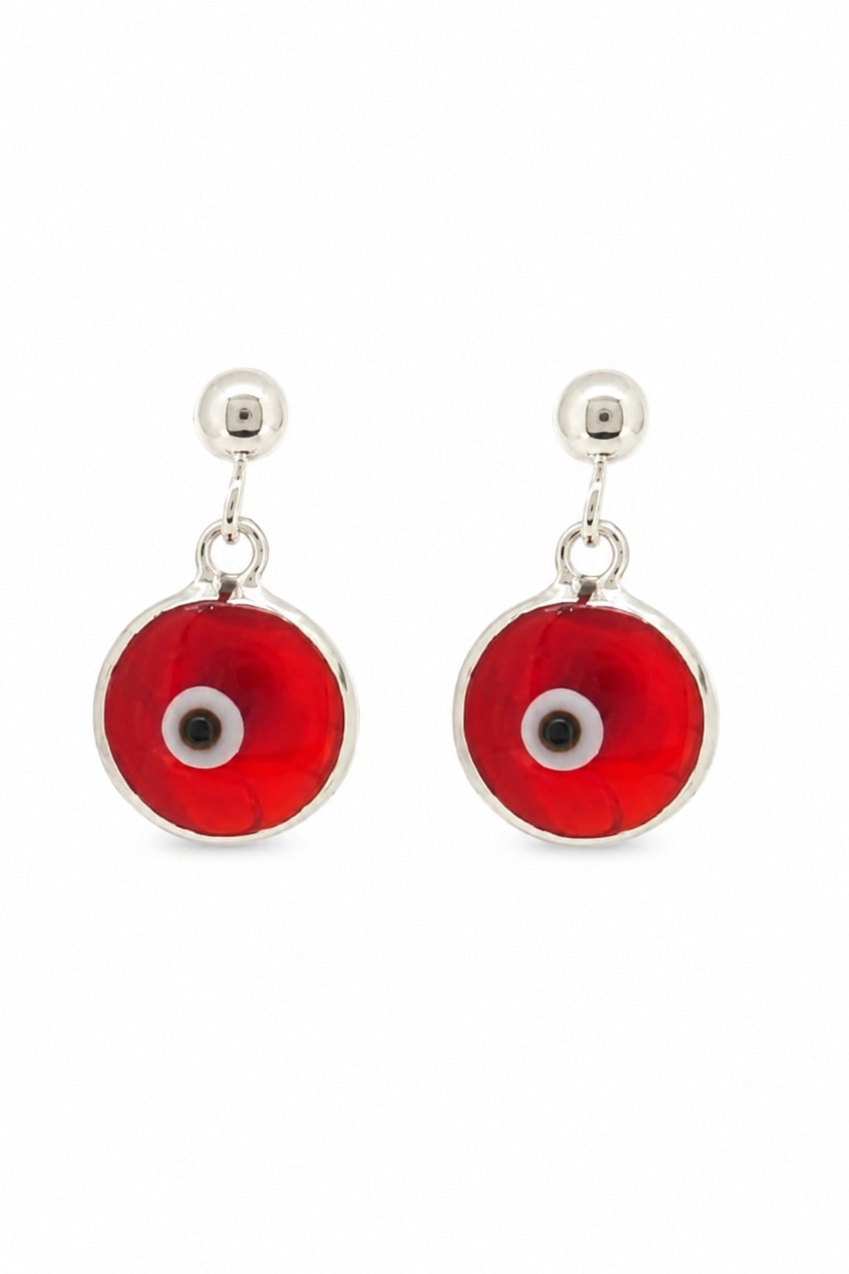 Red evil eye sterling silver ball stud earrings on a white background