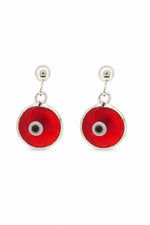 Red evil eye sterling silver ball stud earrings on a white background