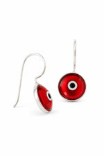 Red evil eye sterling silver hook earrings on a pure white background