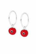 Red evil eye sterling silver charm sleeper earrings on a white background
