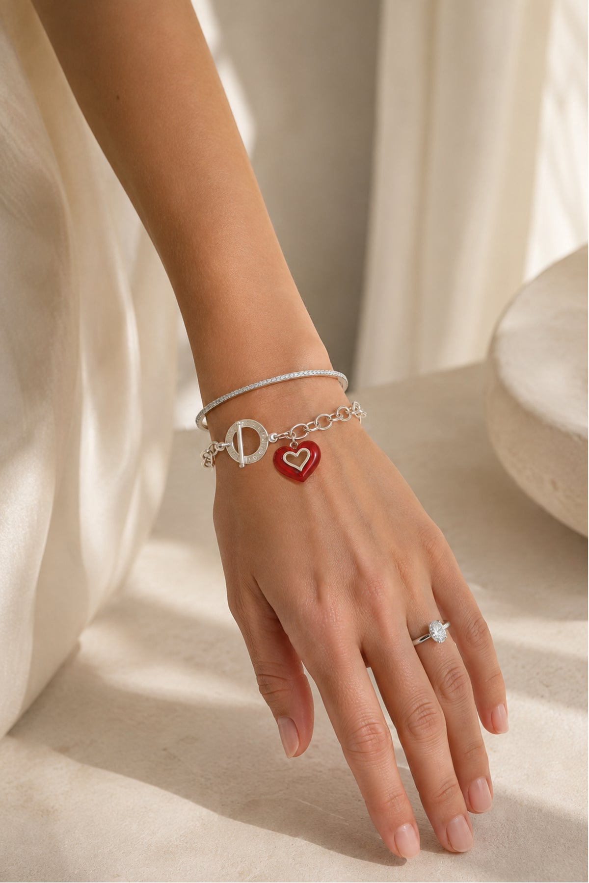 Pastiche 5.5mm Cable Red Enamel Heart Toggle Charm Bracelet