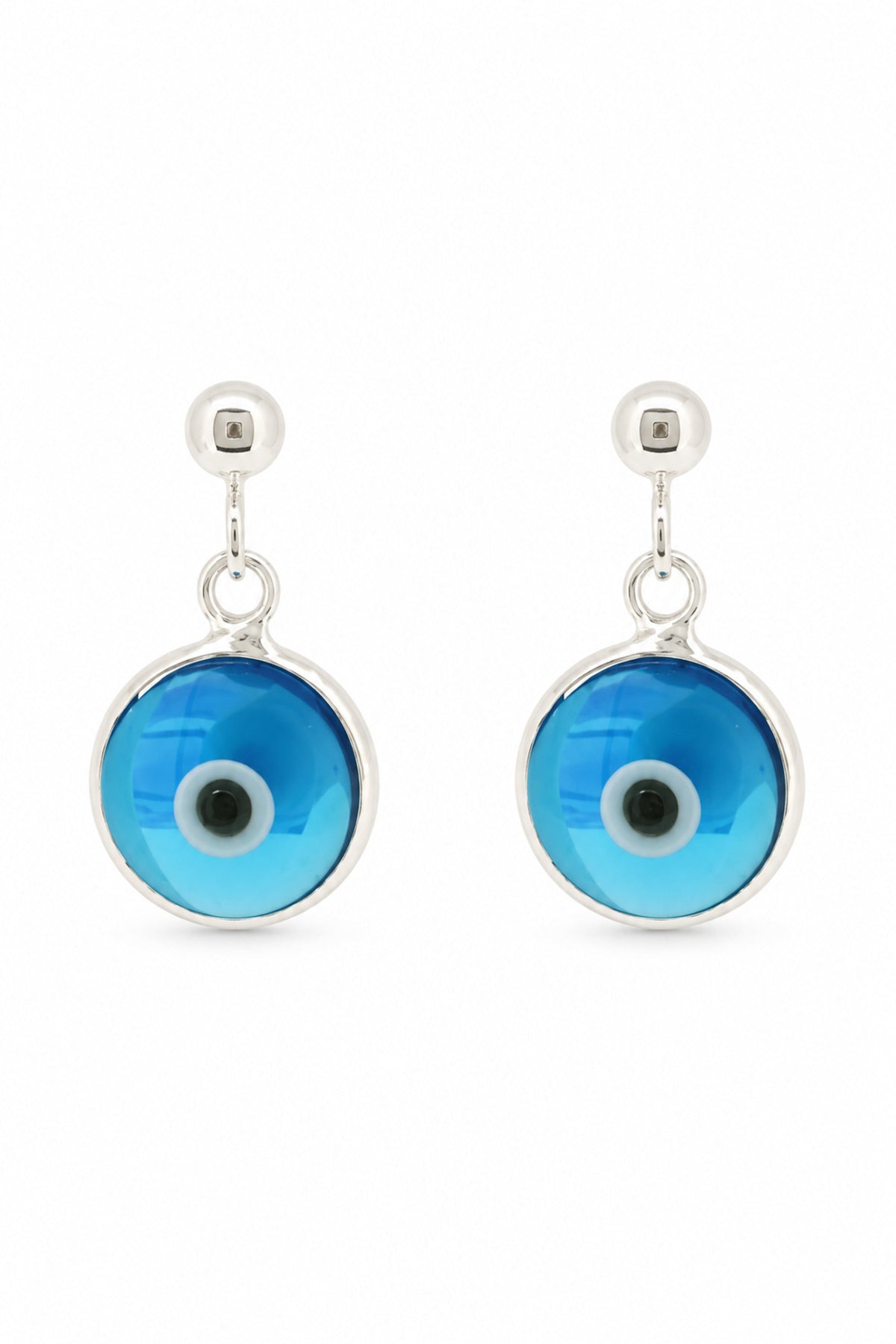 Sky blue evil eye sterling silver ball stud earrings on a white background