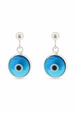 Sky blue evil eye sterling silver ball stud earrings on a white background