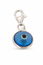 Sky blue evil eye sterling silver clip-on charm on a white background