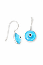 Sky blue evil eye sterling silver hook earrings on a white background