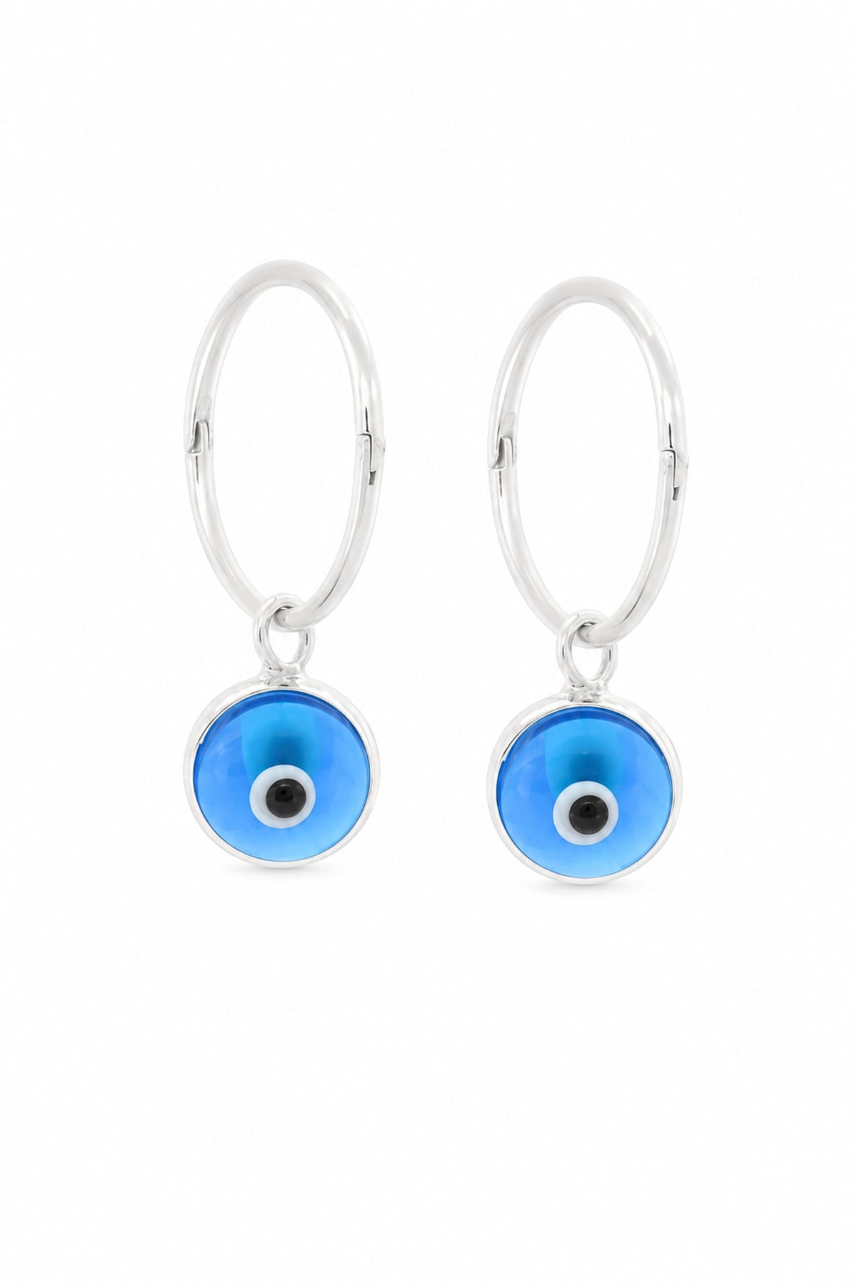 Sky blue evil eye sterling silver charm sleeper earrings on a white background