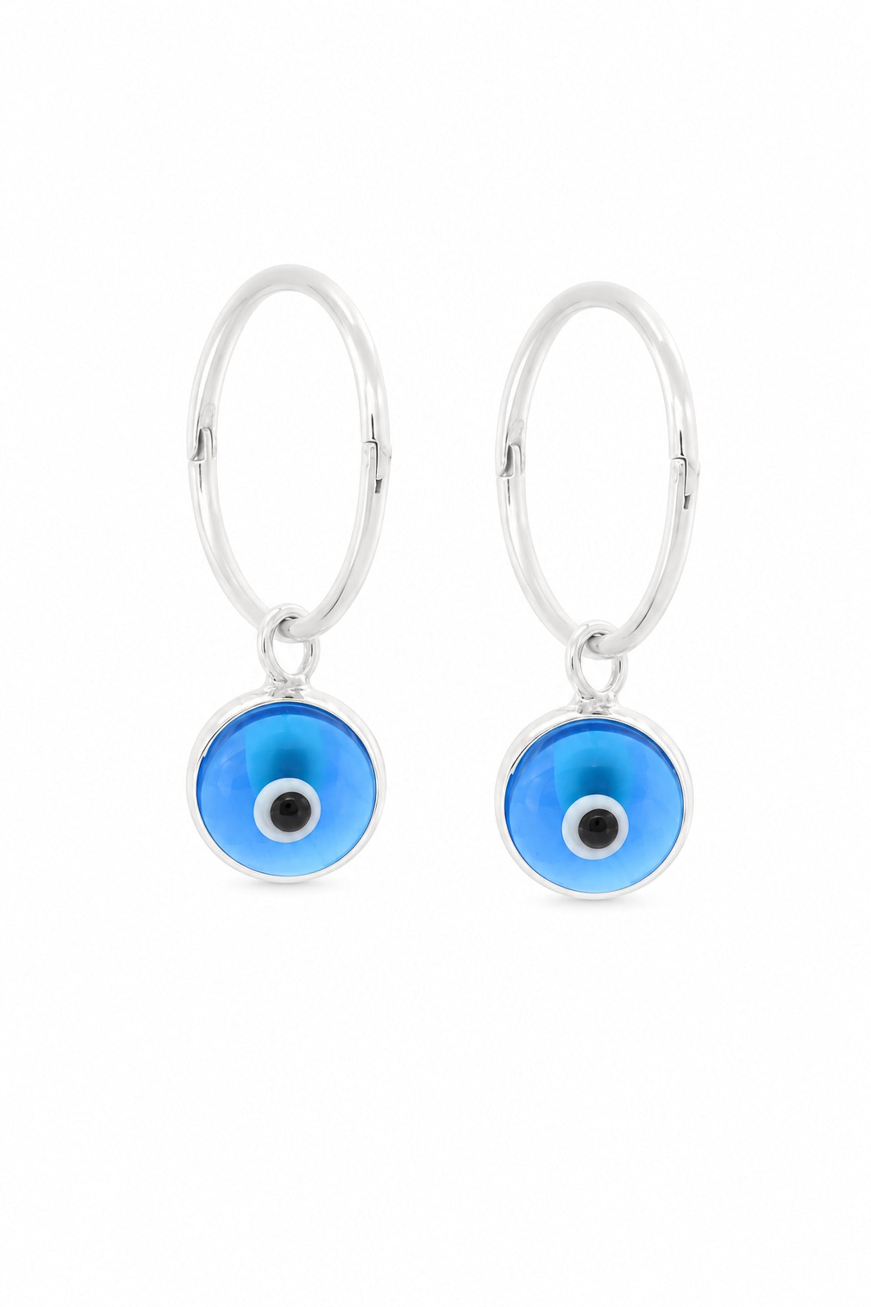 Sky blue evil eye sterling silver charm sleeper earrings on a white background