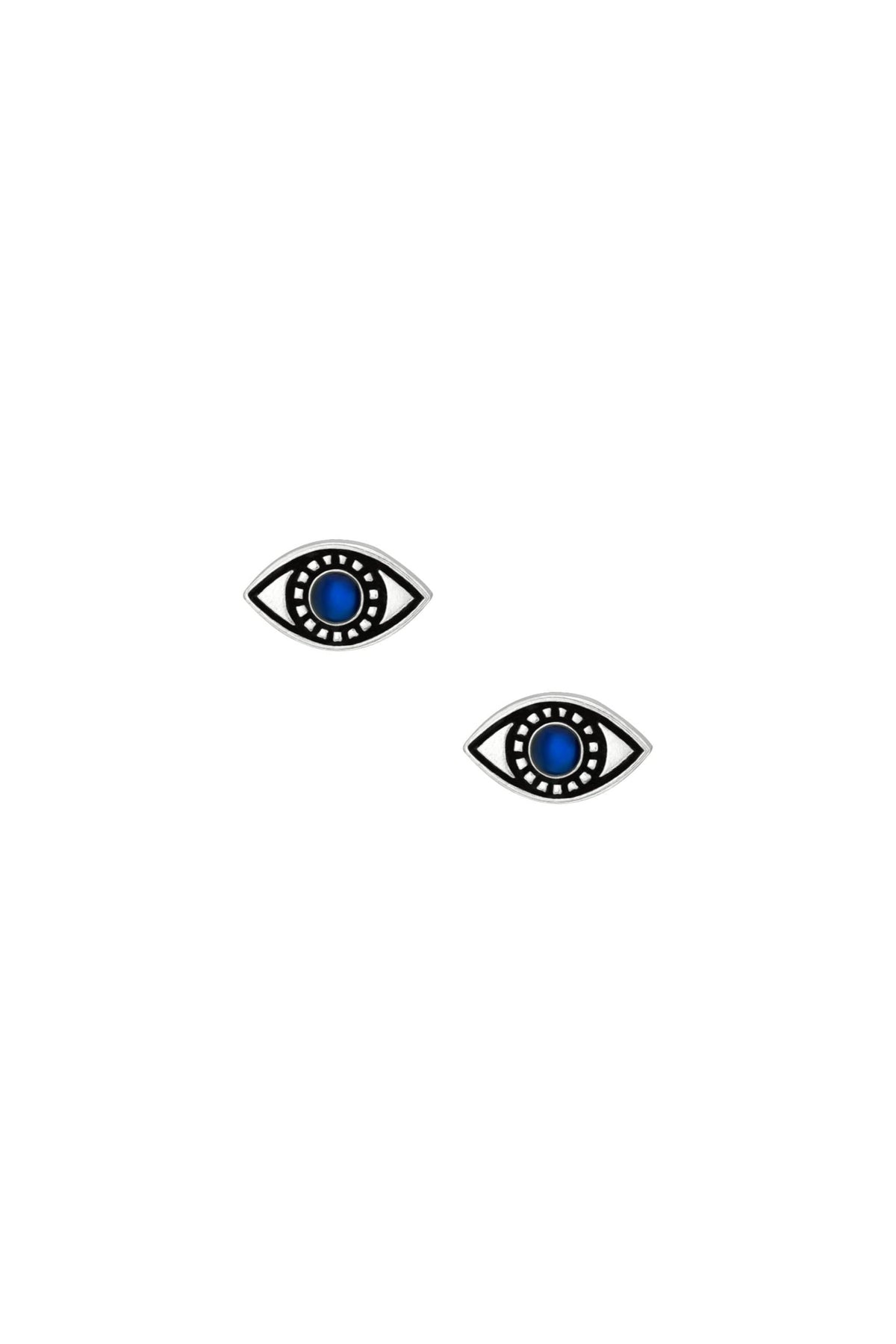 Small blue evil eye stud earrings in sterling silver on a white background
