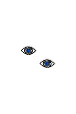 Small blue evil eye stud earrings in sterling silver on a white background