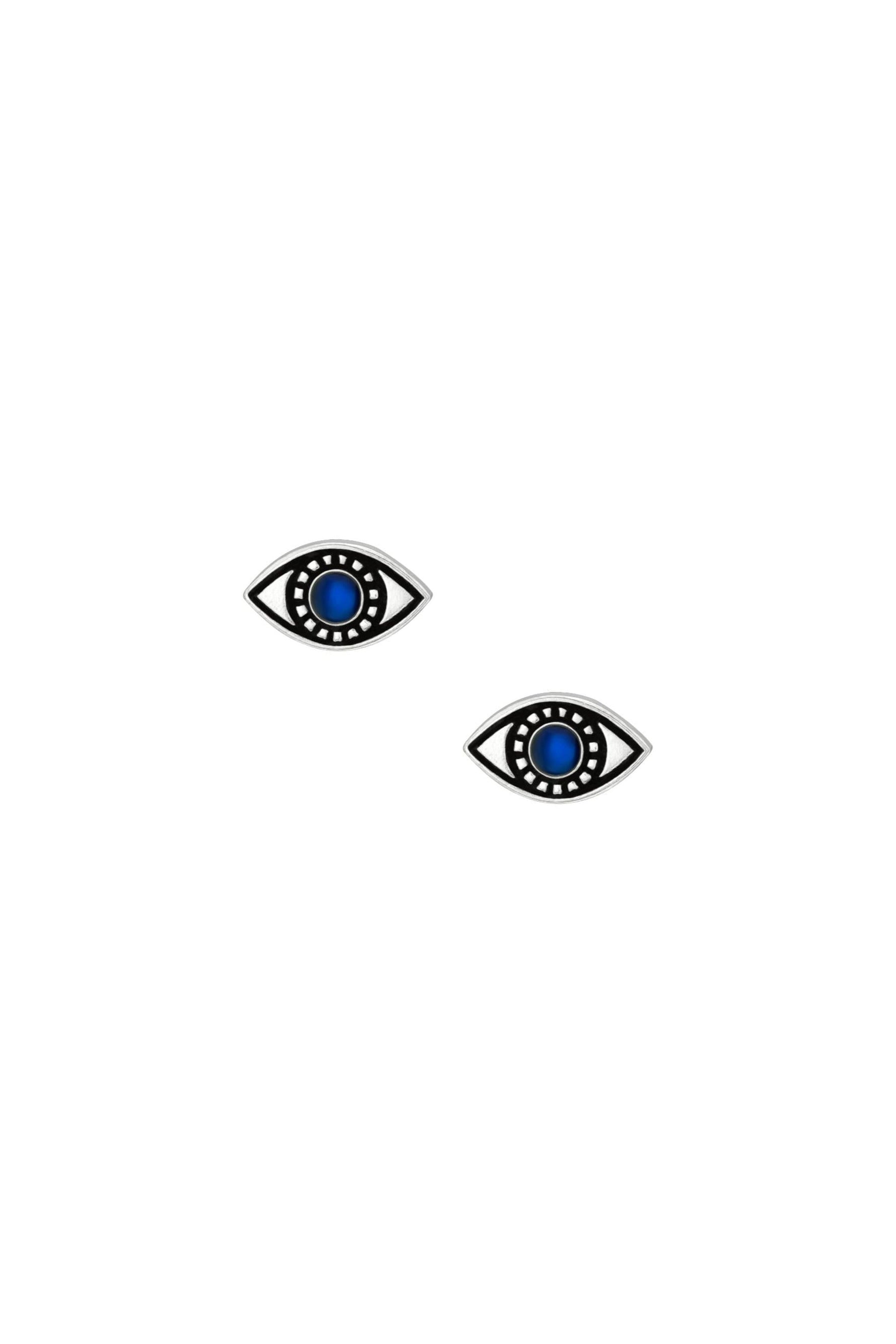 Small blue evil eye stud earrings in sterling silver on a white background