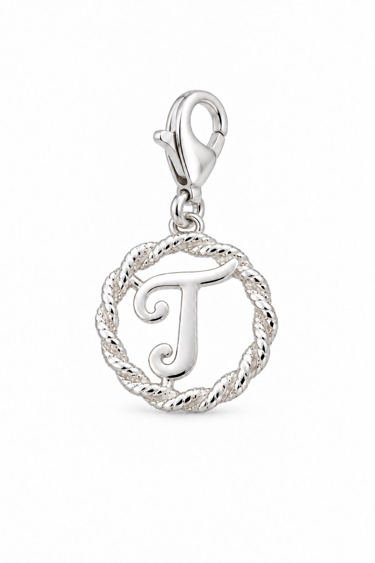 Sterling Silver 12mm Alphabet Initial Charm Letter T with 9mm Parrot Clasp