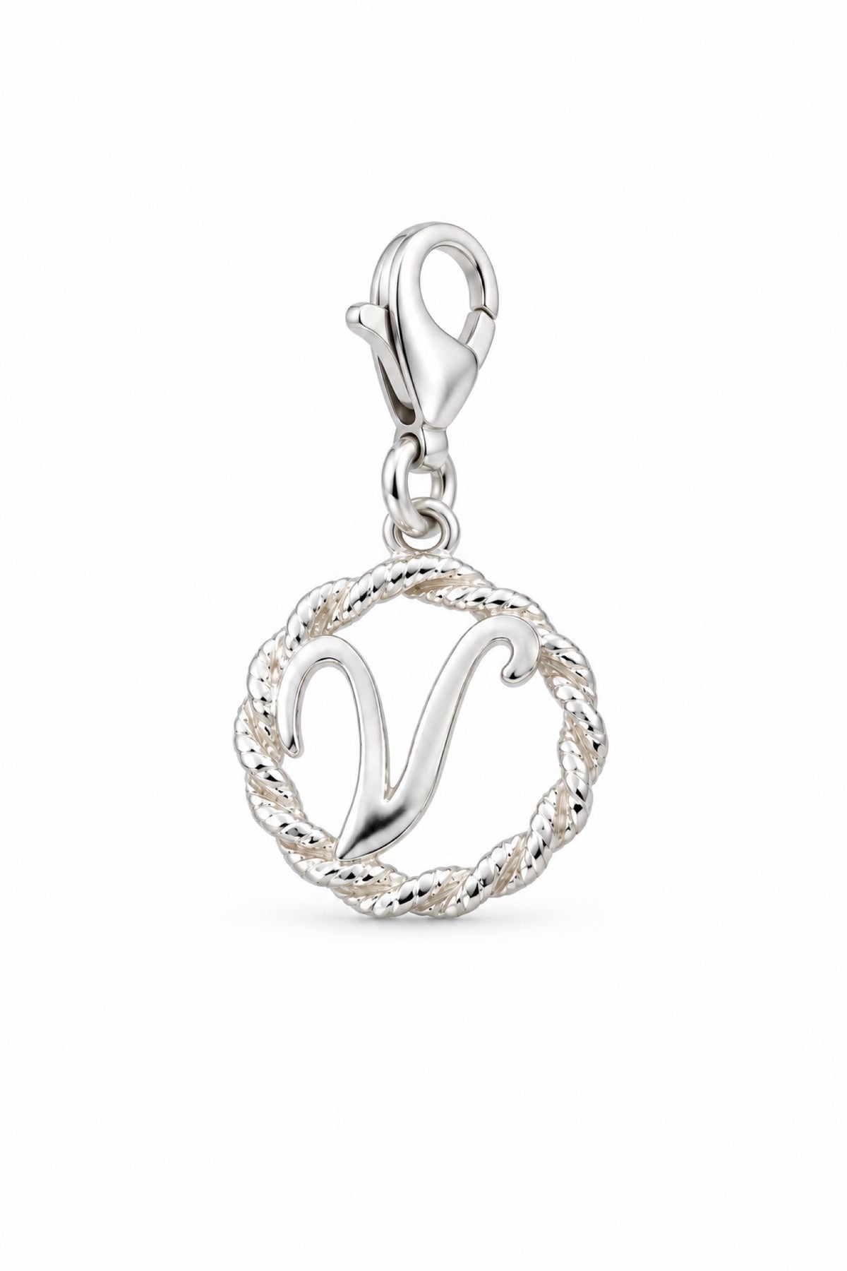 Sterling Silver 12mm Alphabet Initial Charm Letter V with 9mm Parrot Clasp