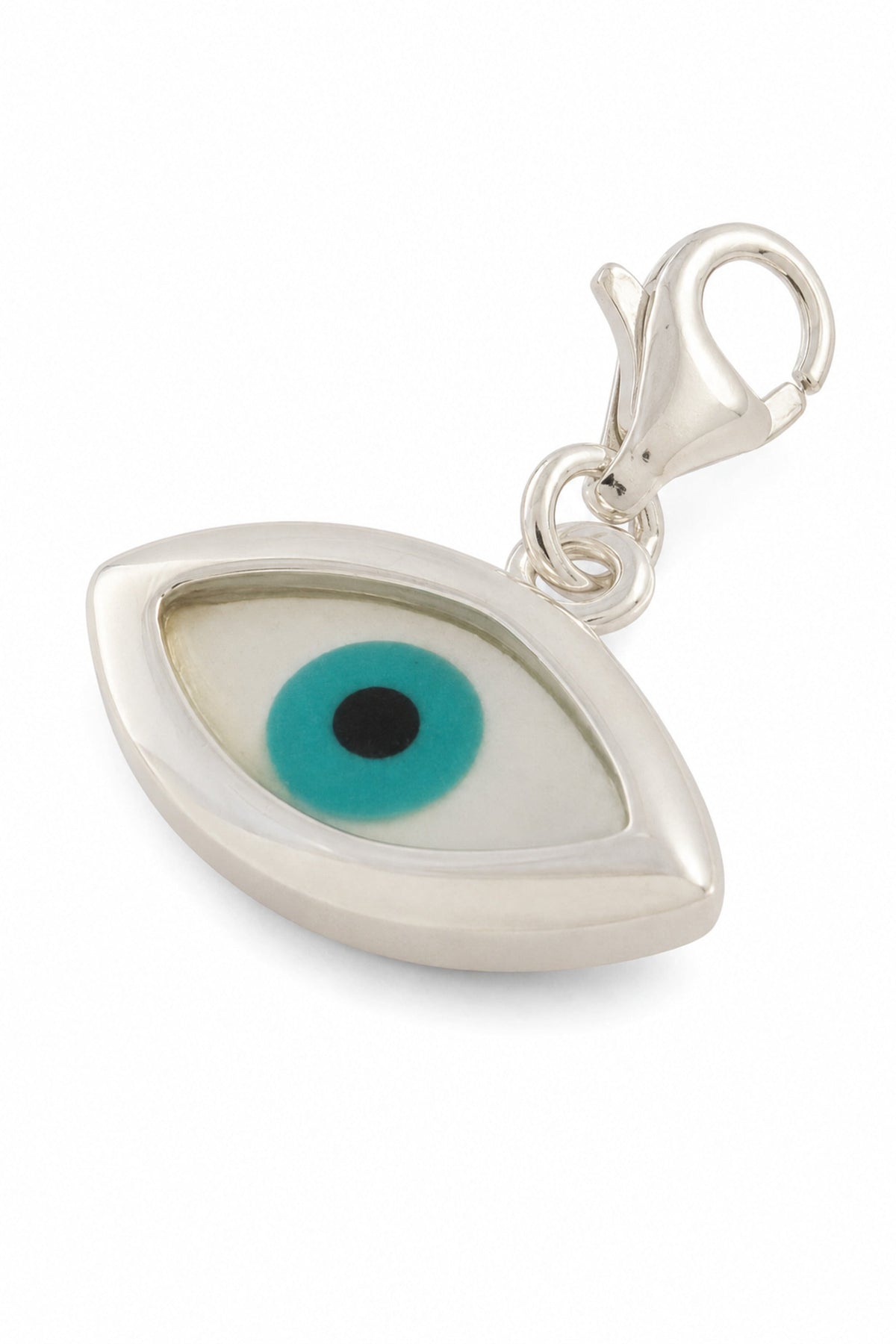 Sterling silver 16mm evil eye clip-on charm on a white background