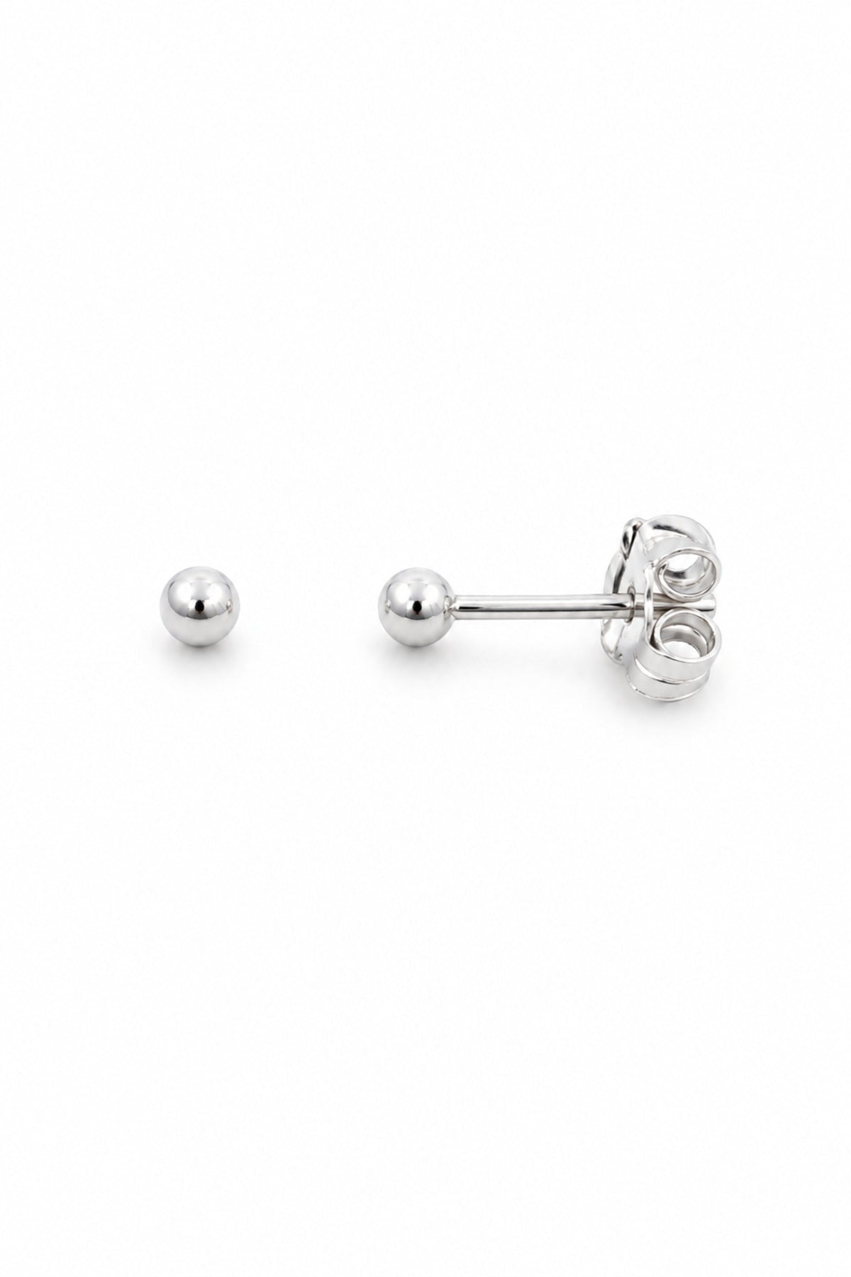 Sterling silver 2mm ball stud earrings on a pure white background