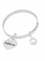 Sterling silver 4mm expanding bangle with personalised Addison heart tag and heart charm on white