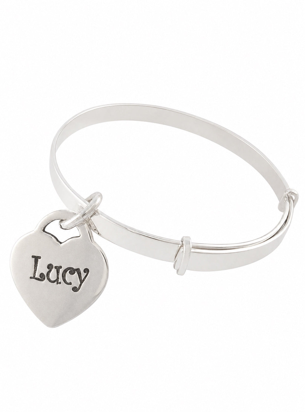 Sterling silver 4mm expanding bangle with personalised Lucy heart tag on a white background