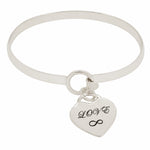 Sterling silver 5mm cuff bangle with personalised LOVE heart charm and infinity symbol on white