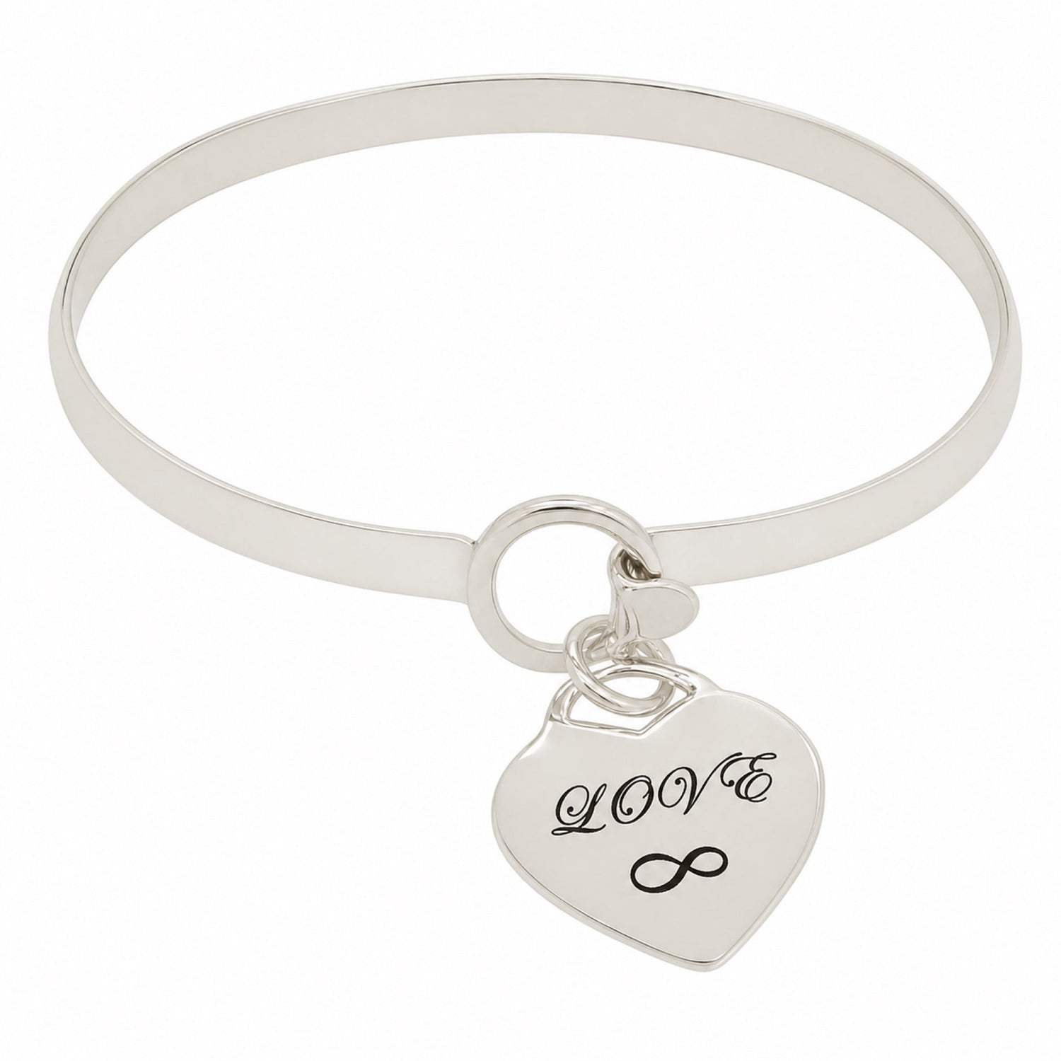 Sterling silver 5mm cuff bangle with personalised LOVE heart charm and infinity symbol on white