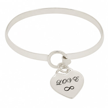 Sterling silver 5mm cuff bangle with personalised LOVE heart charm and infinity symbol on white