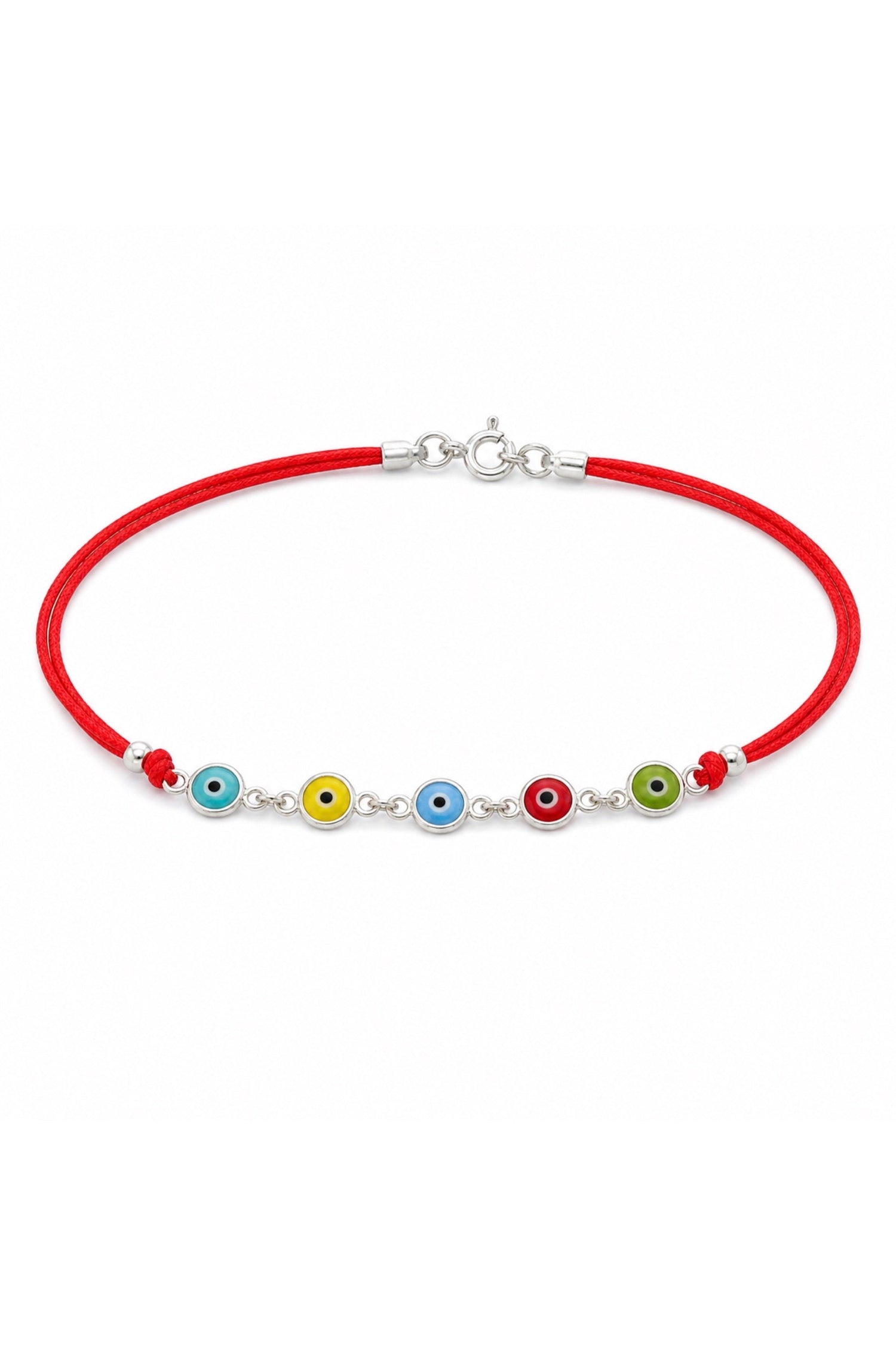 Complete red cord sterling silver evil-eye charm bracelet with five multicolour Murano glass eyes on portrait white background