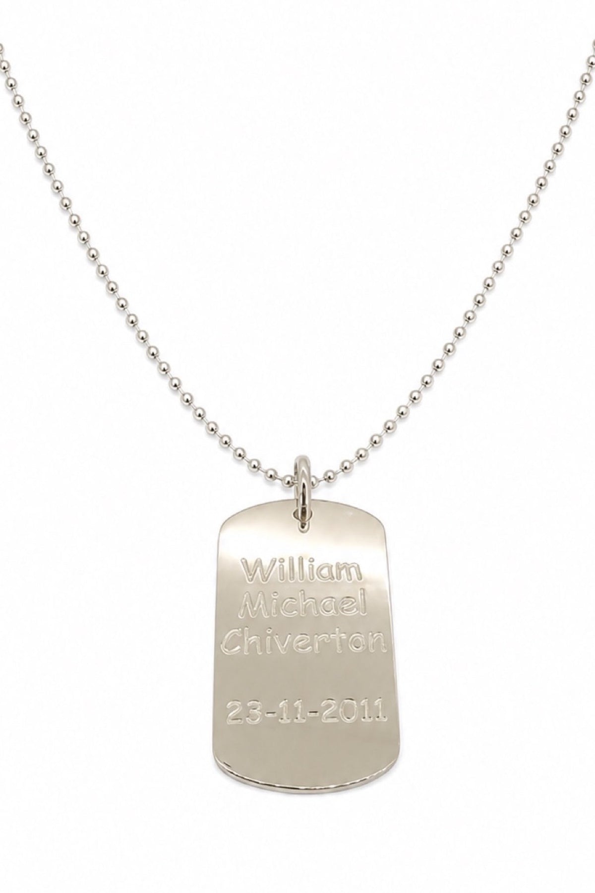 Sterling silver men’s large personalised dog-tag pendant close-up with cropped 2mm ball chain on white
