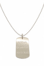 Sterling silver men’s large personalised dog-tag pendant close-up with cropped 2mm ball chain on white