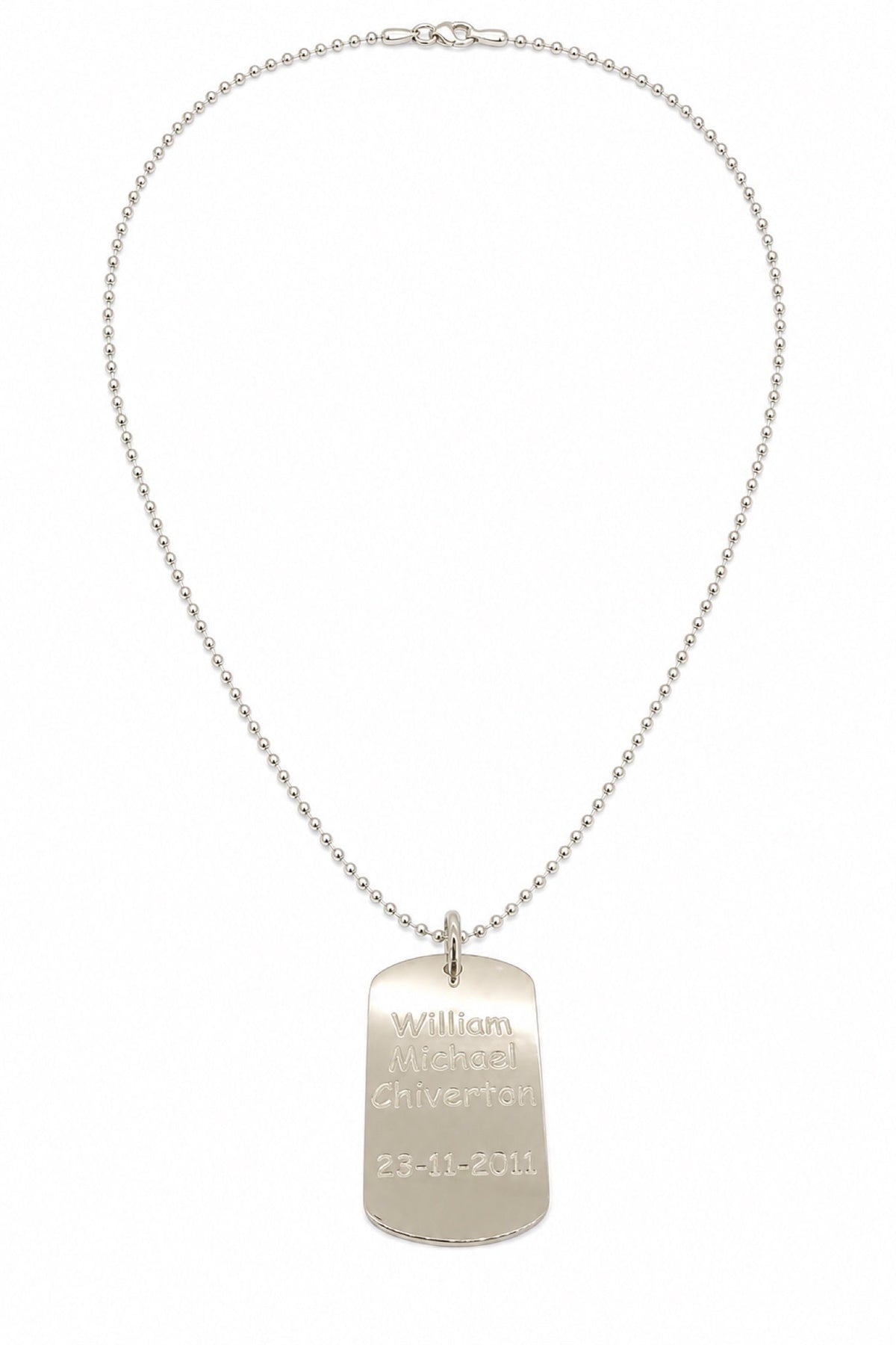 Sterling silver men’s large personalised dog-tag pendant with complete 2mm ball chain on white