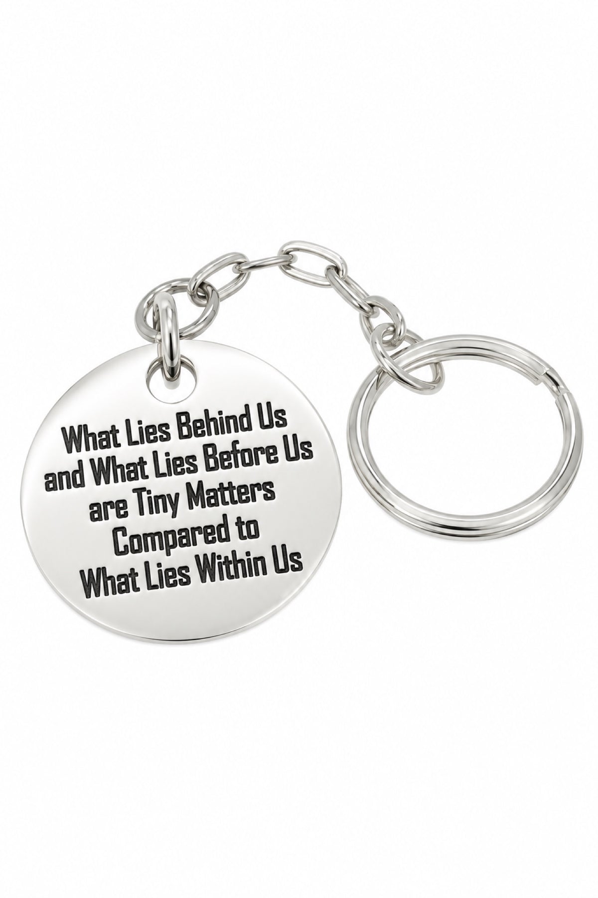 Sterling silver tablet quotation key ring with oxidised stamping