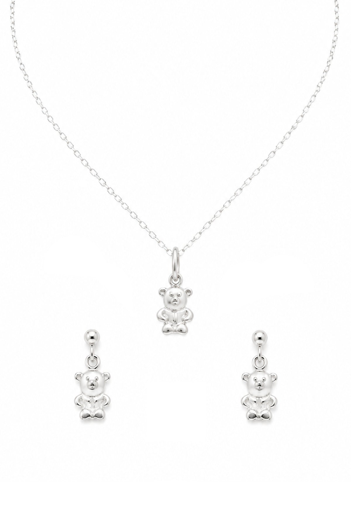 Sterling Silver Teddy Bear Matching Necklace & Stud Earrings