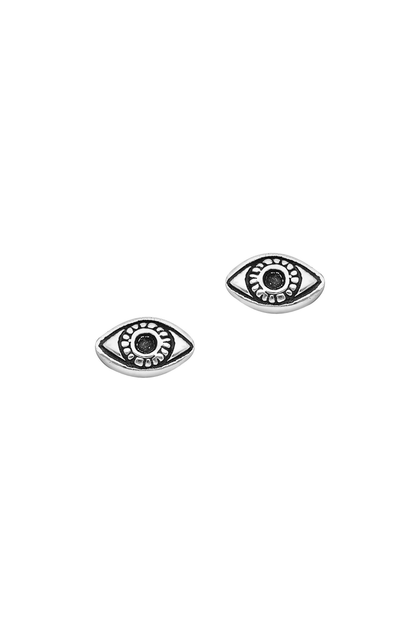 Teenie tiny evil eye stud earrings in sterling silver on a white background