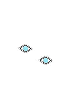 Teenie tiny turquoise evil eye stud earrings in sterling silver on a white background