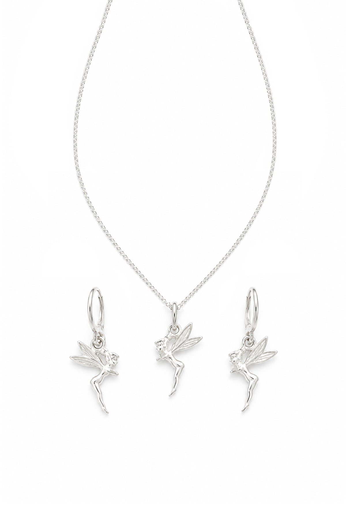 Sterling Silver Matching Tinkerbell Fairy Necklace & 12mm Sleeper Earrings