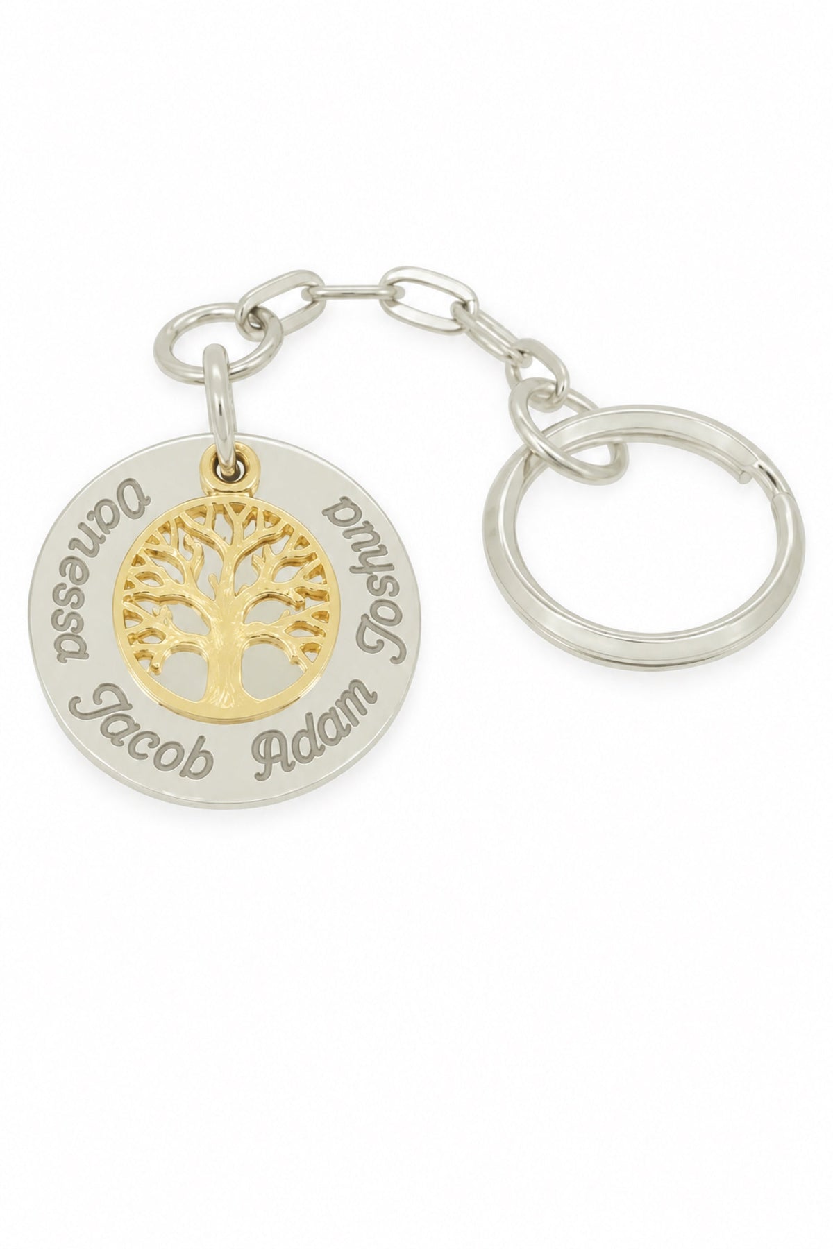 Sterling silver personalised key ring with 9ct gold Tree of Life and natural engraving