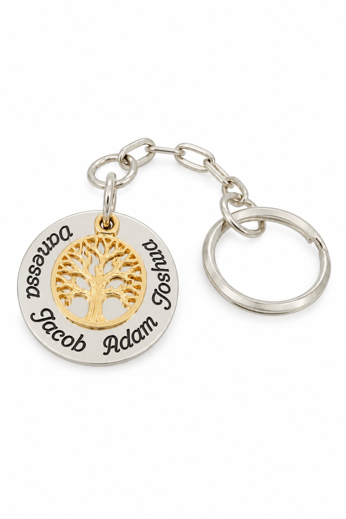 Sterling silver personalised key ring with 9ct gold Tree of Life and oxidised engraving