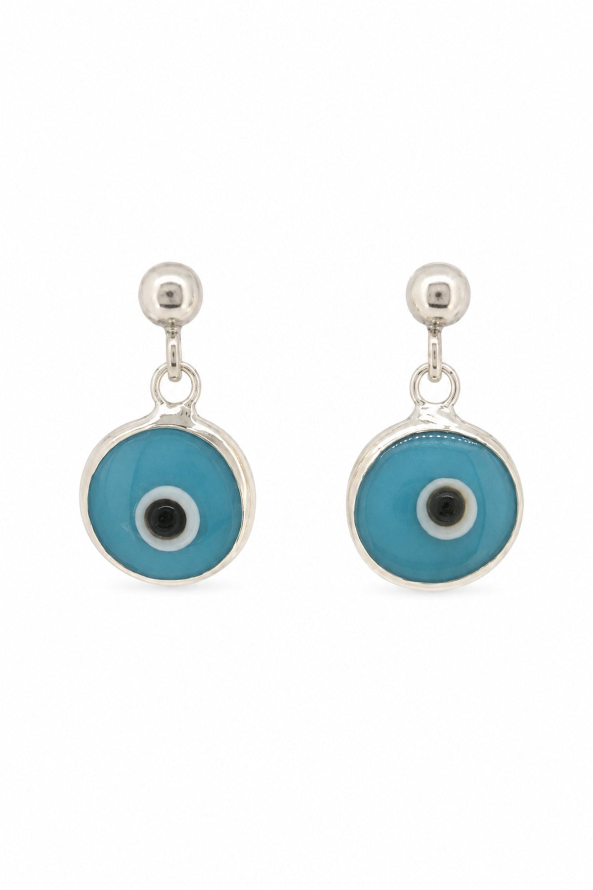 Turquoise blue evil eye sterling silver ball stud earrings on a white background