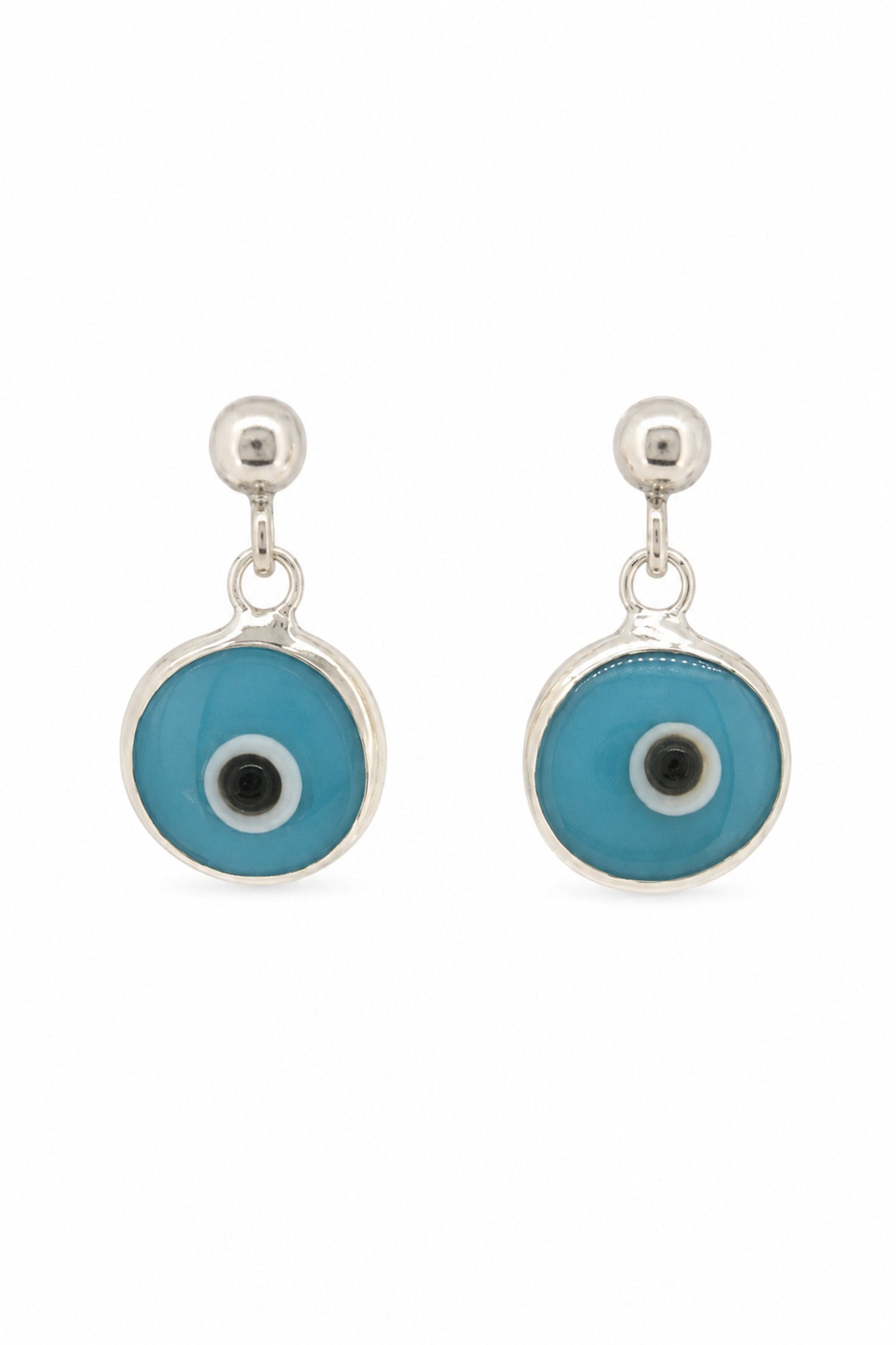 Turquoise blue evil eye sterling silver ball stud earrings on a white background