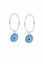 Turquoise blue evil eye sterling silver charm sleeper earrings on a white background