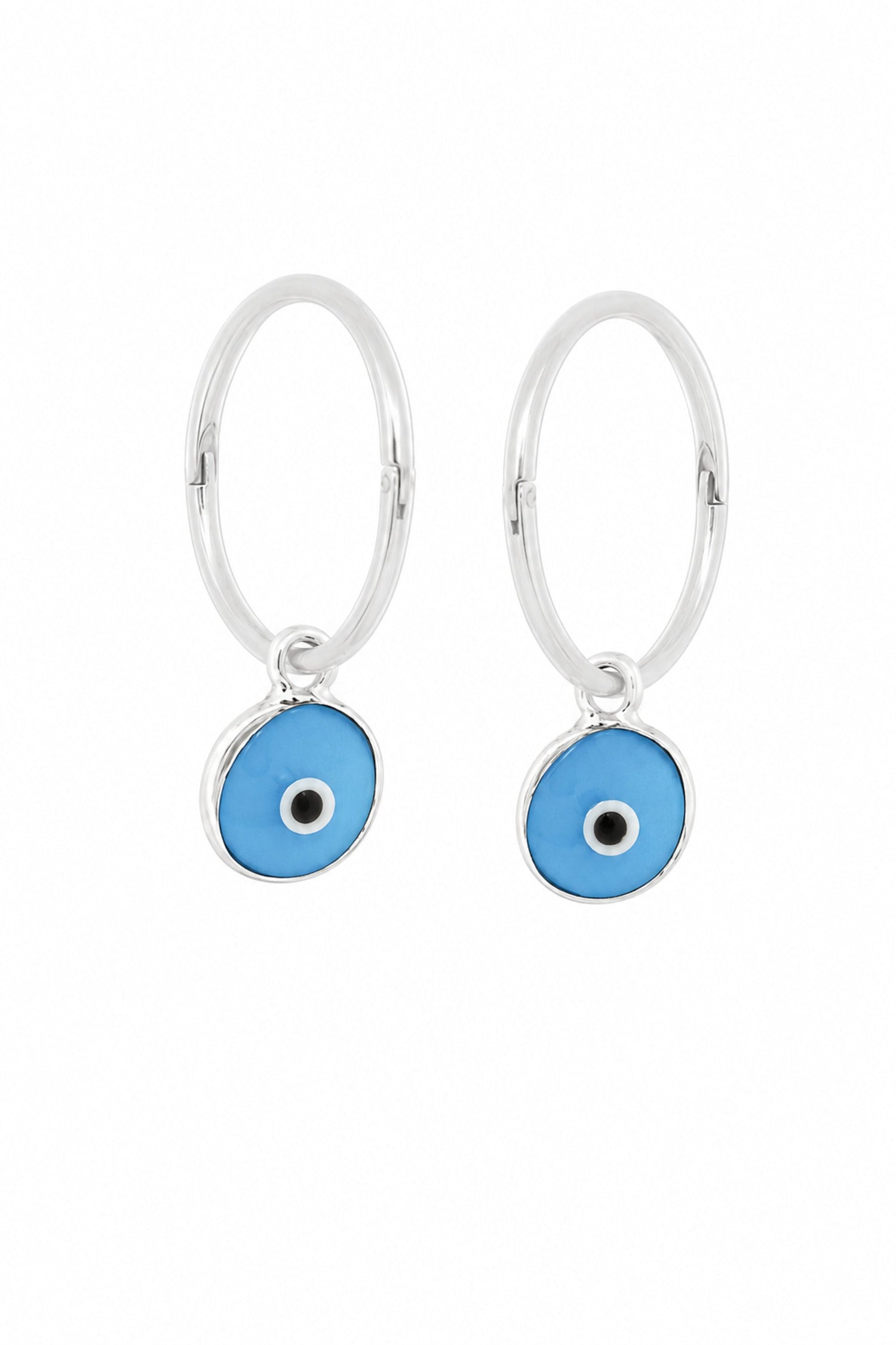 Turquoise blue evil eye sterling silver charm sleeper earrings on a white background