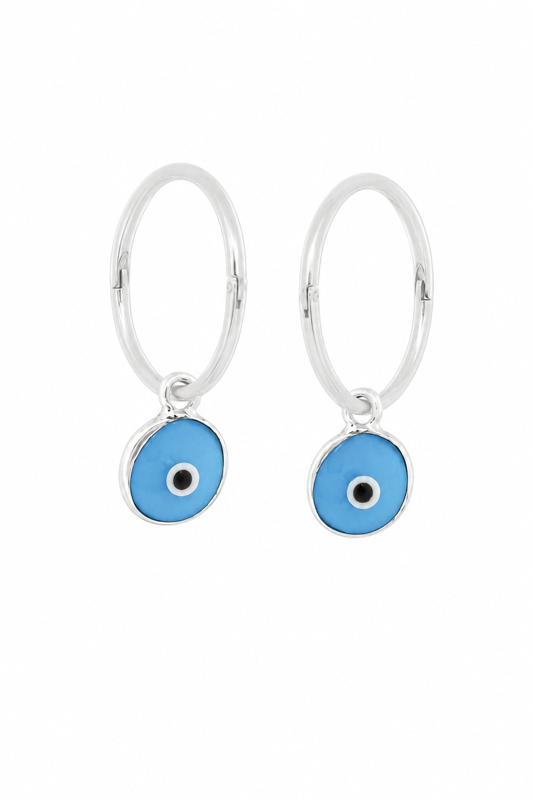 Turquoise blue evil eye sterling silver charm sleeper earrings on a white background