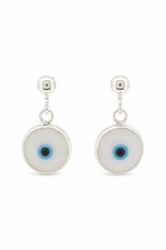 White evil eye sterling silver ball stud earrings on a white background