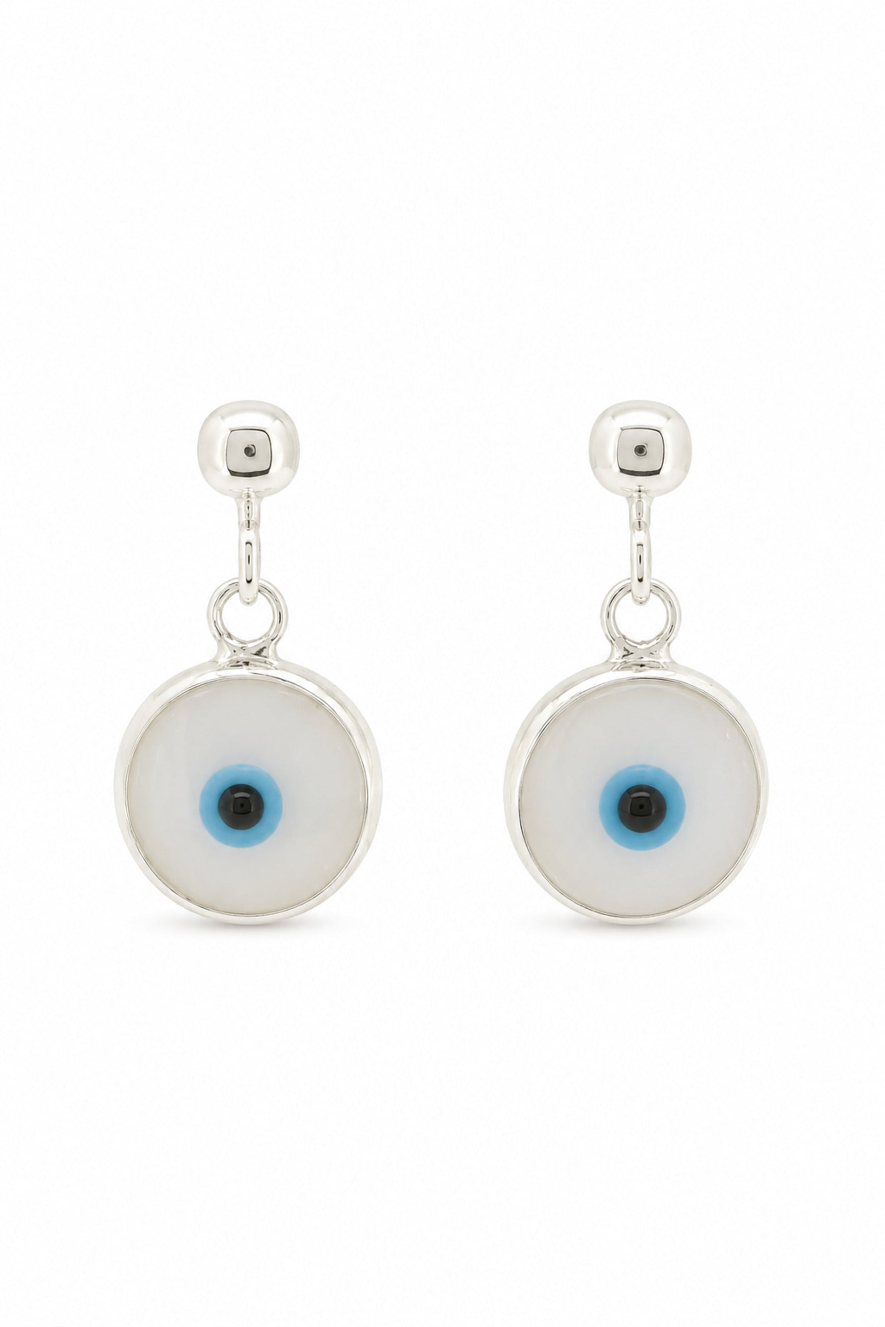 White evil eye sterling silver ball stud earrings on a white background