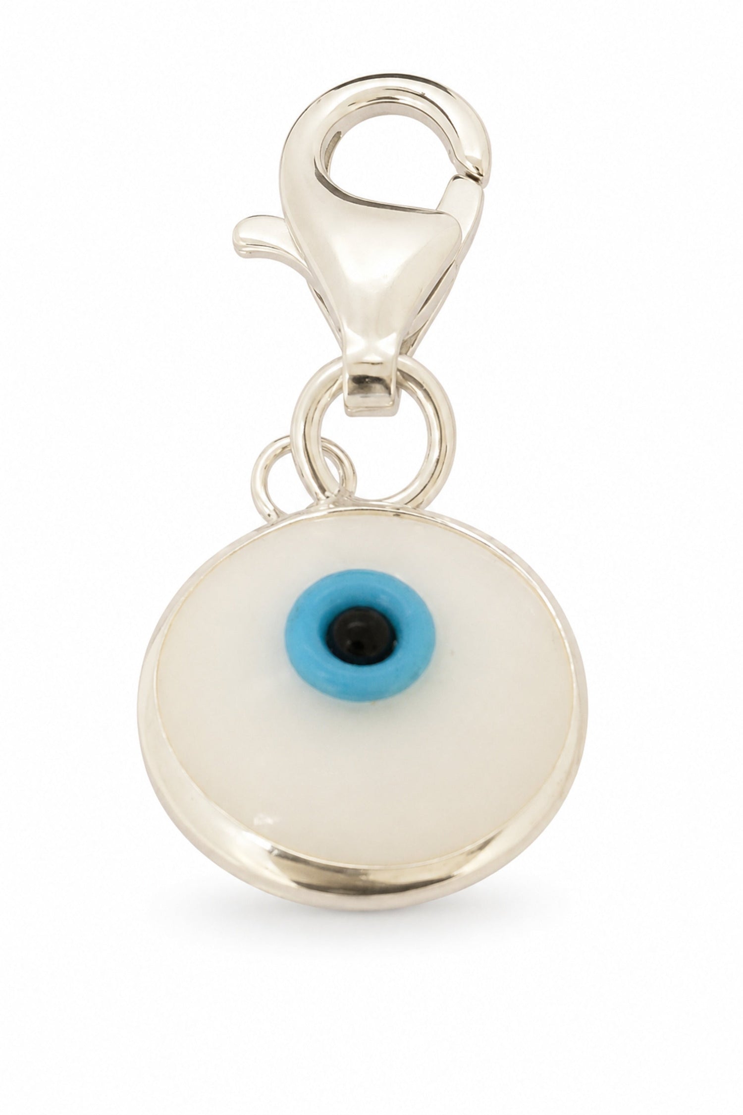White evil eye sterling silver clip-on charm on a white background