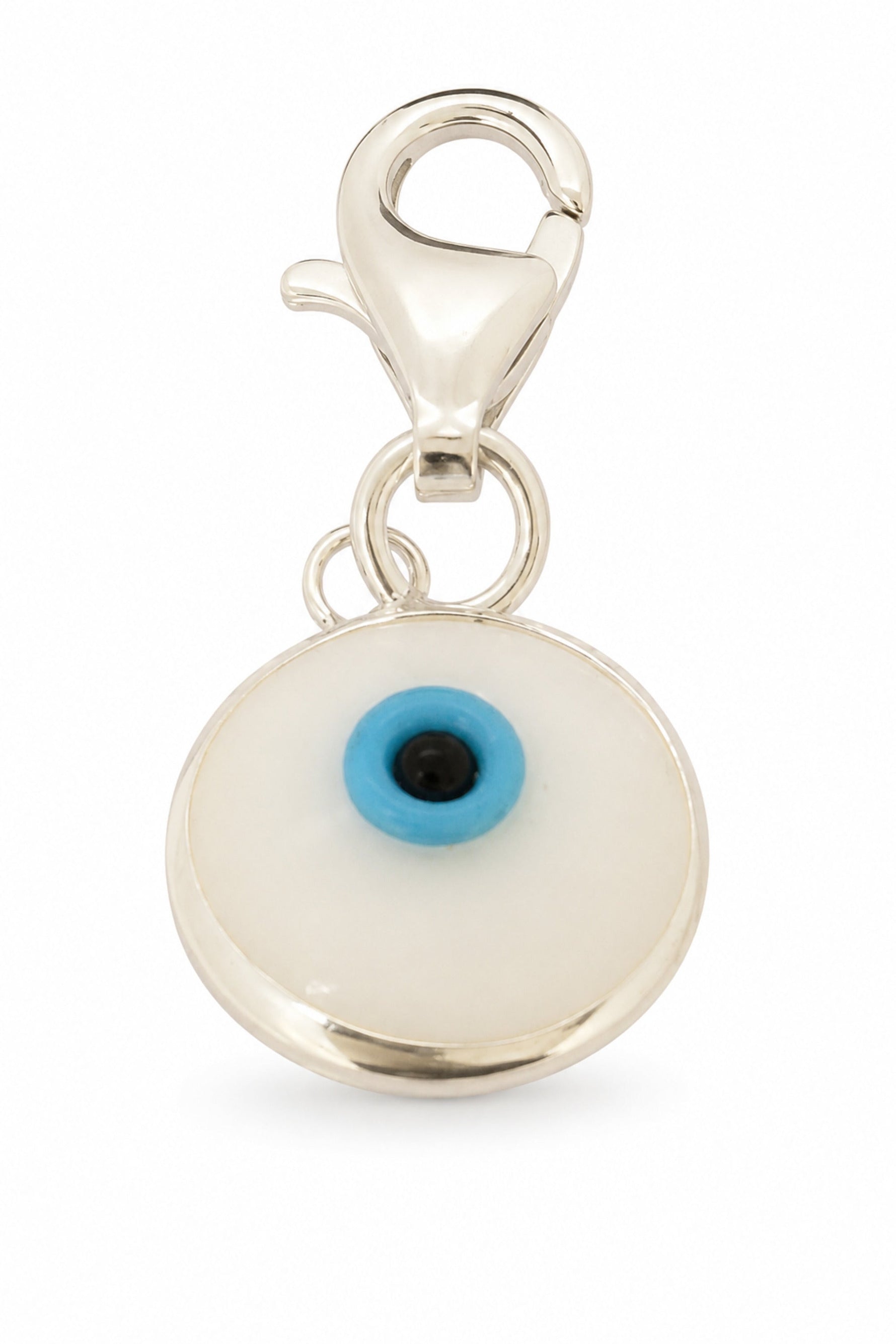 White evil eye sterling silver clip-on charm on a white background