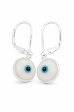 Sterling silver 9mm white Murano evil eye safety-hook earrings on a pure white background