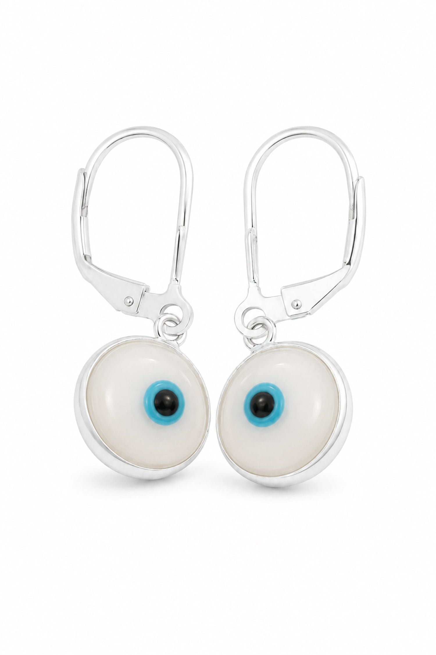 Sterling silver 9mm white Murano evil eye safety-hook earrings on a pure white background